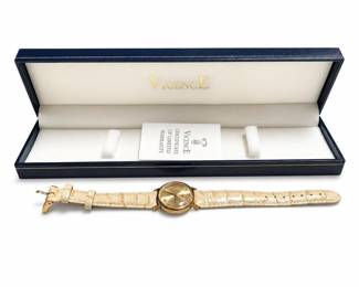 Vicence Milor 14K Gold Round Quartz Watch, Sunburst Dial, Cream Croc Strap, Box
