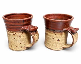 Two Handmade Stoneware Mugs, Red-Brown and Speckled Oatmeal Glaze, Thumb Rests