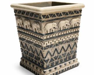 Square Elephant Wastebasket with Geometric Relief Bands, Gray