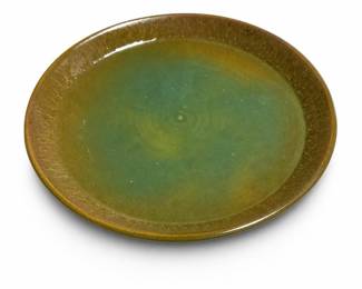 Hand-Thrown Studio Pottery Plate Signed Field 75, Green and Amber Glaze