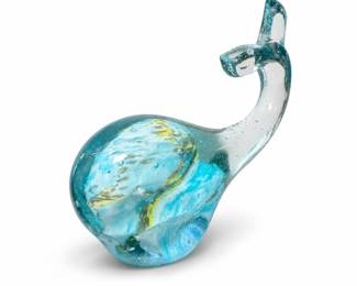Art Glass Whale Paperweight in Aqua and Yellow Swirl with Clear Tail