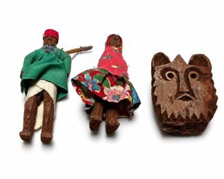 Tarahumara Hand-Carved Doll Pair and Carved Bark Animal Mask