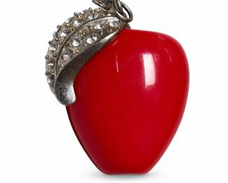 Red Apple Pendant with Silver-Tone Rhinestone Leaf