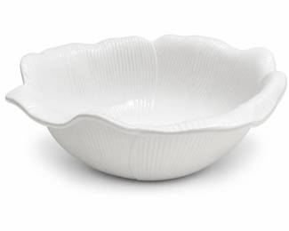 White Glazed Ceramic Flower-Form Serving Bowl with Ribbed Petals
