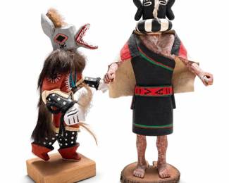 Lonnie Honanie Kokopelli Mana Kachina Doll, Signed, and a Wolf Kachina Doll