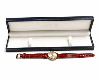 Vicence Milor 14K Gold Round Quartz Watch, Sunburst Dial, Red Leather Strap, Box