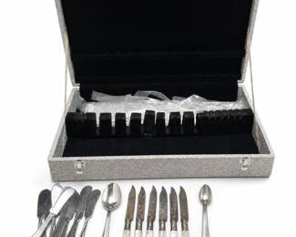 Six Sterling-Ferrule Mother-of-Pearl Fruit Knives, Stainless Flatware and Chest