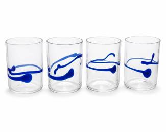 Set of 4 Hand-Blown Clear Glass Tumblers with Applied Cobalt Blue Trails