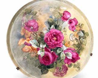 Hand-Painted Porcelain Charger with Pink Roses and Wire Hanger