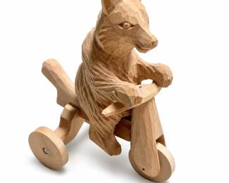 Russian Bogorodskoye Carved Wood Bear Riding a Tricycle Toy