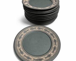 Studio Sgraffito Pottery Plates with Carved Sea Life Rims, One Signed