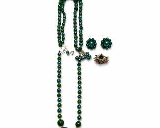 Teal Faux Pearl Three-Strand Necklace, Cluster Earrings and Starburst Brooch