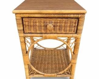 Rattan and Wicker Nightstand with Drawer, Circle Hoop Sides, Woodgrain Top