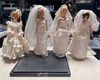 Four Bride Dolls in Hand-Crocheted Gowns, Two Mattel Barbies, Display Case