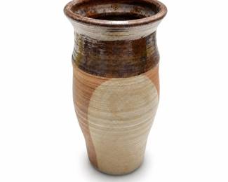 Studio Pottery Stoneware Vase, Brown and Oatmeal Glaze, Incised Parry Sound