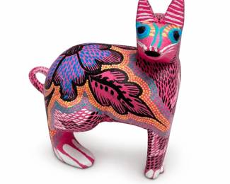 Oaxacan Alebrije Cat Wood Carving, Pink with Hand-Painted Floral Dot Work