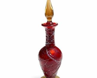 Hand-Blown Red Art Glass Perfume Bottle with White Threading and Dauber