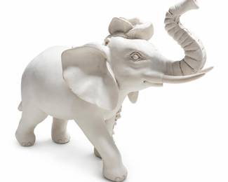 Trunk-Up White Elephant Figurine with Sculpted Rose and Flower Garland