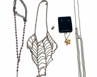 Jewelry Lot: Gold-Tone Chain Bib Necklace, Beaded Necklaces, Bow Pendant, Studs