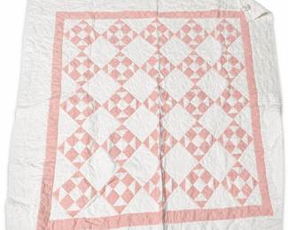 Pink and White Pieced Quilt with On-Point Blocks and Heart Quilting