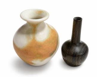 Miniature Studio Pottery Crackle Vase and Turned Wood Bud Vase