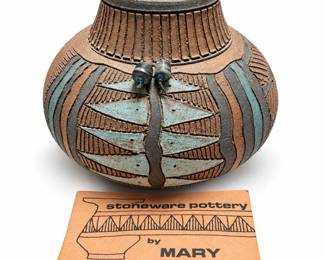 Mary Tuttle Signed Etched Stoneware Vase with Clay Beads and Artist Booklet