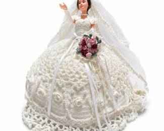 Hand-Crocheted Bride Bed Doll with Organza Veil and Rose Bouquet