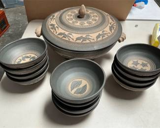 Signed Sgraffito Stoneware Lidded Tureen and 12 Footed Bowls, Sea Life Design