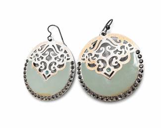 Pierced Scroll Disc Drop Earrings with Sage Green Enamel and Smoky Gray Stones