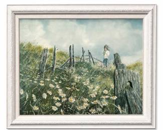 Carolyn Blish Picking Daisies Canvas-Textured Print in White Floral Frame