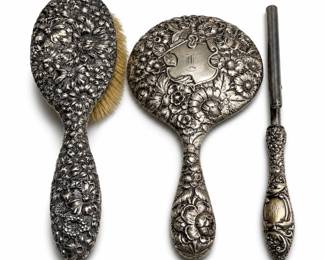 Gorham 1892 Sterling Repoussé Hairbrush, Repoussé Hand Mirror and Curling Iron