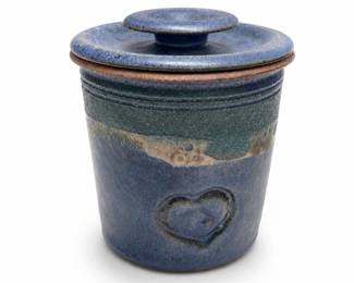 Studio Stoneware Lidded Canister with Impressed Heart, Blue and Green Glaze