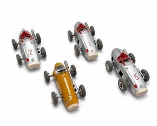 Schuco Micro Racer Wind-Up Cars, Three 1043 Mercedes-Benz and a Yellow Racer