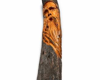 Hand-Carved Wood Spirit Face in a Weathered Branch, Initialed