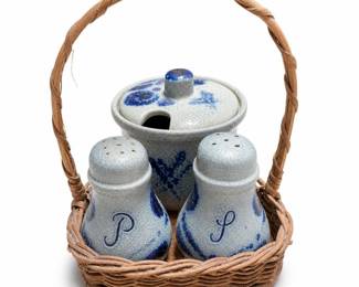Cobalt-Decorated Salt-Glazed Stoneware Salt, Pepper and Mustard Set in Basket