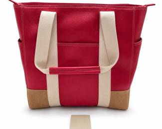 Levenger Red Pebbled Leather Zip Tote, Canvas Handles, Suede Base, New in Box