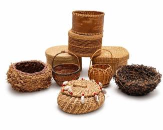 Shell-Trimmed Pine Needle Basket, Birch Bark Basket and Seven More Baskets