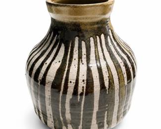 Parry Sound Studio Pottery Vase, Brown and White Drip Glaze, Signed Ra