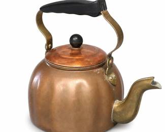 German Copper Melon-Form Tea Kettle with Brass Handle and Spout
