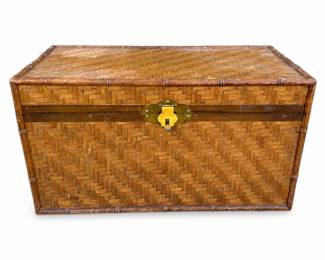 Woven Split Rattan Trunk with Faux Bamboo Frame and Brass Hardware