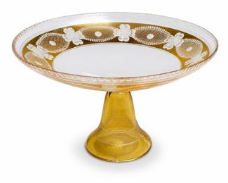 Amber Cut-to-Clear Glass Compote with Frosted Four-Leaf Clovers