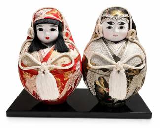 Japanese Hime Daruma Doll Pair in Crane Brocade on Stand