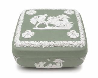 Wedgwood Sage Green Jasperware Box, Ulysses Staying the Chariot of Victory