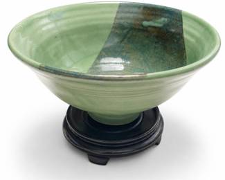 Wheel-Thrown Celadon Studio Pottery Bowl with Blue Band, Potter's Mark, Stand