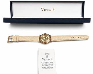 Vicence Milor 14K Gold Case Quartz Watch, Roman Dial, Lizard-Grain Strap, Box