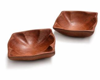 Two Carved Wood Square Bowls with Scalloped Rims
