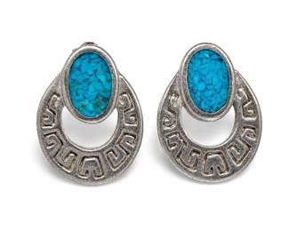 Crushed Stone Inlay Doorknocker Post Earrings with Greek Key Border