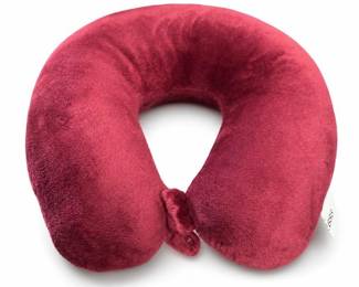 Burgundy Plush U-Shaped Travel Neck Pillow with Snap Strap
