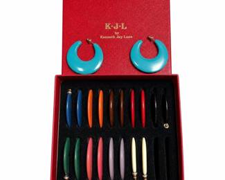 Kenneth Jay Lane 1970s Lucite Crescent Hoop Earring Set, 10 Pairs, Original Box
