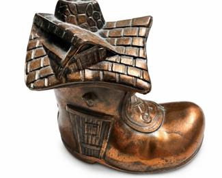 Crestline Shoe House Coin Bank, Old Woman Who Lived in a Shoe, Copper Finish
